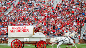 NORMAN, OK - APRIL 23: The Sooner Schooner of the Oklahoma Sooners makes its way around the field before their spring game at Gaylord Family Oklahoma Memorial Stadium on April 23, 2022 in Norman, Oklahoma. (Photo by Brian Bahr/Getty Images)
