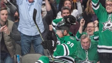 Mar 12, 2016; Dallas, TX, USA; Dallas Stars center Cody Eakin (20) celebrates his goal against the St. Louis Blues during the first period at the American Airlines Center. Mandatory Credit: Jerome Miron-USA TODAY Sports