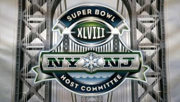 Jan 27, 2013; New Orleans, LA, USA; General view of Super Bowl XLVIII logo at the media center in the Convention Center prior to Super Bowl XLVII. The Baltimore Ravens will play the San Francisco 49ers on February 3, 2013 at the Mercedes-Benz Superdome in Super Bowl XLVII. Mandatory Credit: Matthew Emmons-USA TODAY Sports