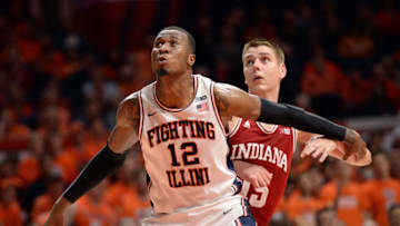 CHAMPAIGN, IL - JANUARY 24: Illinois Fighting Illini Forward Leron Black (12) boxes out Indiana Hoosiers Guard Zach McRoberts (15) after a free throw during the Big Ten Conference college basketball game between the Indiana Hoosiers and the Illinois Fighting Illini on January 24, 2018, at the State Farm Center in Champaign, Illinois. (Photo by Michael Allio/Icon Sportswire via Getty Images)