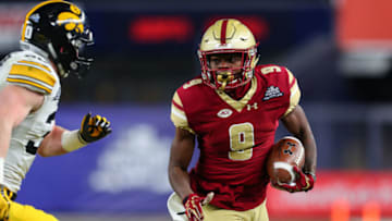 BRONX, NY - DECEMBER 27: Boston College Eagles wide receiver Kobay White (9) runs during the New Era Pinstripe Bowl on December 27, 2017, between the Boston College Eagles and the Iowa Hawkeyes at Yankee Stadium in the Bronx, NY. (Photo by Rich Graessle/Icon Sportswire via Getty Images)