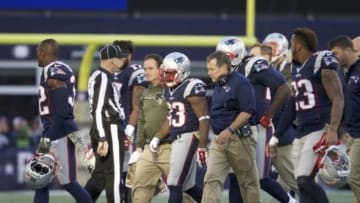 Nov 8, 2015; Foxborough, MA, USA; New England Patriots running back Dion Lewis (33) walks off the field after a play against the Washington Redskins in the second half at Gillette Stadium. The Patriots defeated the Redskins 27-10. Mandatory Credit: David Butler II-USA TODAY Sports