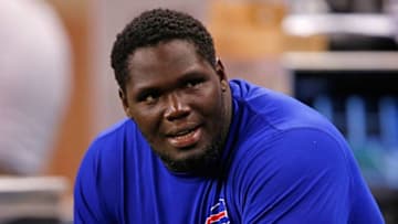 DETROIT, MI - SEPTEMBER 3: John Miller #76 of the Buffalo Bills watches the pregame warms ups prior to the start of the preseason game against the Detroit Lions on September 3, 2015 at Ford Field Detroit, Michigan. (Photo by Leon Halip/Getty Images)