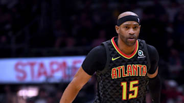 LOS ANGELES, CALIFORNIA - JANUARY 28: Vince Carter #15 of the Atlanta Hawks celebrates his three pointer during a 123-118 win over the LA Clippers at Staples Center on January 28, 2019 in Los Angeles, California. (Photo by Harry How/Getty Images)