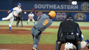 May 28, 2022; Hoover, AL, USA; Tennessee shortstop Cortland Lawson (9) drives in two runs with a hit to left center against Kentucky in the SEC Tournament at the Hoover Met in Hoover, Ala., Saturday. Mandatory Credit: Gary Cosby Jr.-The Tuscaloosa NewsSports Sec Baseball Tournament Kentucky Vs Tennessee