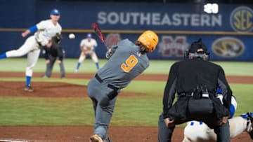 May 28, 2022; Hoover, AL, USA; Tennessee shortstop Cortland Lawson (9) drives in two runs with a hit to left center against Kentucky in the SEC Tournament at the Hoover Met in Hoover, Ala., Saturday. Mandatory Credit: Gary Cosby Jr.-The Tuscaloosa NewsSports Sec Baseball Tournament Kentucky Vs Tennessee