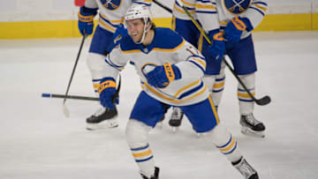 Jan 18, 2022; Ottawa, Ontario, CAN; Buffalo Sabres center Mark Jankowski (17) skates back to the bench after scoring in the third period against the Ottawa Senators at the Canadian Tire Centre. Mandatory Credit: Marc DesRosiers-USA TODAY Sports