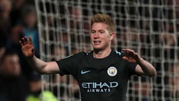 BRISTOL, ENGLAND - JANUARY 23: Kevin De Bruyne of Manchester City celebrates during the Carabao Cup Semi-Final: Second Leg between Bristol City and Manchester City at Ashton Gate on January 23, 2018 in Bristol, England. (Photo by Matthew Ashton - AMA/Getty Images)