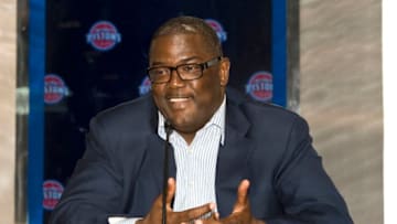 AUBURN HILLS - JULY 10: Joe Dumars, President of Basketball Operations introduces new Detroit Piston player Josh Smith at a press conference on July 10, 2013 at Palace of Auburn Hills in Auburn Hills, Michigan. NOTE TO USER: User expressly acknowledges and agrees that, by downloading and/or using this photograph, User is consenting to the terms and conditions of the Getty Images License Agreement. Mandatory Copyright Notice: Copyright 2013 NBAE (Photo by Allen Einstein/NBAE via Getty Images)