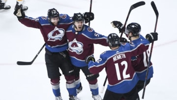 DENVER, CO - APRIL 16: Gabriel Bourque (57) of the Colorado Avalanche celebrates his 2-0 goal with teammates J.T. Compher (37), Patrik Nemeth (12) and Nikita Zadorov (16) against the Nashville Predators during the first period on Monday, April 16, 2018. The Colorado Avalanche hosted the Nashville Predators. (Photo by AAron Ontiveroz/The Denver Post via Getty Images)