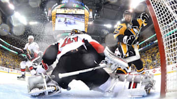 PITTSBURGH, PA - MAY 25: Bryan Rust #17 of the Pittsburgh Penguins takes a shot on Craig Anderson #41 of the Ottawa Senators in Game Seven of the Eastern Conference Final during the 2017 NHL Stanley Cup Playoffs at PPG PAINTS Arena on May 25, 2017 in Pittsburgh, Pennsylvania. (Photo by Jamie Sabau/Getty Images)