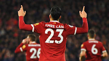 HUDDERSFIELD, ENGLAND - JANUARY 30: Emre Can of Liverpool celebrates as he scores their first goal during the Premier League match between Huddersfield Town and Liverpool at John Smith's Stadium on January 30, 2018 in Huddersfield, England. (Photo by Gareth Copley/Getty Images)