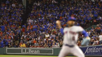 BOSTON, MA - SEPTEMBER 21: A general view of New York Mets fans in the right field corner seats during the first inning of the game between the New York Mets and the Boston Red Sox at Fenway Park on September 21, 2021 in Boston, Massachusetts. (Photo By Winslow Townson/Getty Images)