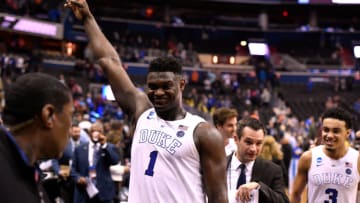 WASHINGTON, DC - MARCH 29: Zion Williamson #1 and Tre Jones #3 of the Duke Blue Devils celebrate following their game against the Virginia Tech Hokies during the 2019 NCAA Men's Basketball Tournament East Regional Semifinals at Capital One Arena on March 29, 2019 in Washington, DC. (Photo by Lance King/Getty Images)