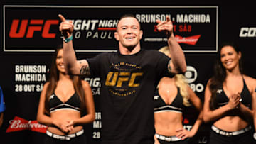SAO PAULO, BRAZIL - OCTOBER 27: Colby Covington poses on the scale during the UFC Fight Night Weigh-in inside the Ibirapuera Gymnasium on October 27, 2017 in Sao Paulo, Brazil. (Photo by Josh Hedges/Zuffa LLC/Zuffa LLC via Getty Images)