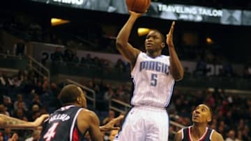 Jan 22, 2014; Orlando, FL, USA; Orlando Magic shooting guard Victor Oladipo (5) pulls up for a jump shot as the Atlanta Hawks beat the Orlando Magic 112-109 at Amway Center. Oladipo had a team-high 24 points. Mandatory Credit: David Manning-USA TODAY Sports