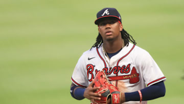 ATLANTA, GA - AUGUST 4: Ronald Acuna Jr. #13 of the Atlanta Braves looks on during a game against the Toronto Blue Jays at Truist Park on August 4, 2020 in Atlanta, Georgia. (Photo by Carmen Mandato/Getty Images)