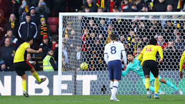 WATFORD, ENGLAND - JANUARY 18: Paulo Gazzaniga of Tottenham Hotspur saves the penalty from Troy Deeney of Watford during the Premier League match between Watford FC and Tottenham Hotspur at Vicarage Road on January 18, 2020 in Watford, United Kingdom. (Photo by Richard Heathcote/Getty Images)