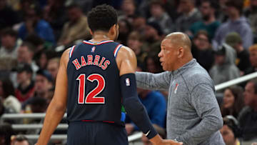 Apr 5, 2022; Indianapolis, Indiana, USA; Philadelphia 76ers head coach Doc Rivers talks to Philadelphia 76ers forward Tobias Harris (12) in the second half at Gainbridge Fieldhouse. Mandatory Credit: Robert Goddin-USA TODAY Sports