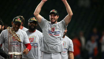 HOUSTON, TX - OCTOBER 30: Max Scherzer #31 of the Washington Nationals celebrates after the Washington Nationals defeated the Houston Astros during Game 7 of the 2019 World Series to become World Series champions at Minute Maid Park on Wednesday, October 30, 2019 in Houston, Texas. (Photo by Cooper Neill/MLB Photos via Getty Images)