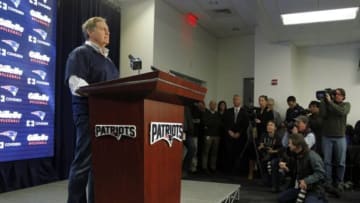 Jan 22, 2015; Foxborough, MA, USA; New England Patriots head coach Bill Belichick makes a statement regarding deflated footballs in the AFC Championship game during a press conference at Gillette Stadium. Mandatory Credit: Stew Milne-USA TODAY Sports