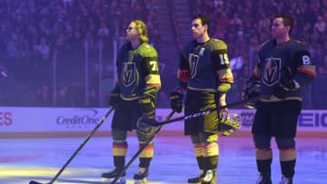 LAS VEGAS, NV - MARCH 03: Jonathan Marchessault #81, Reilly Smith #19 and William Karlsson #71 of the Vegas Golden Knights stand on the ice prior to a game against the Vancouver Canucks at T-Mobile Arena on March 3, 2019 in Las Vegas, Nevada. (Photo by Jeff Bottari/NHLI via Getty Images)