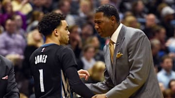 Mar 4, 2016; Milwaukee, WI, USA; Minnesota Timberwolves head coach Sam Mitchell talks to guard Tyus Jones (1) in the second quarter during the game against the Milwaukee Bucks at BMO Harris Bradley Center. Mandatory Credit: Benny Sieu-USA TODAY Sports