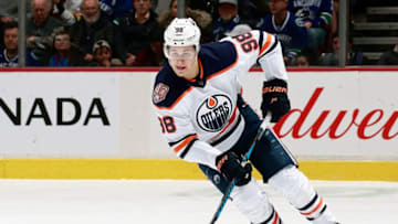 VANCOUVER, BC - JANUARY 16: Jesse Puljujarvi #98 of the Edmonton Oilers skates up ice with the puck during their NHL game against the Vancouver Canucks at Rogers Arena January 16, 2019 in Vancouver, British Columbia, Canada. (Photo by Jeff Vinnick/NHLI via Getty Images)"n