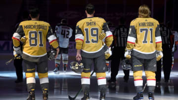 Jonathan Marchessault #81, Reilly Smith #19 and William Karlsson #71 of the Vegas Golden Knights. (Photo by Ethan Miller/Getty Images)
