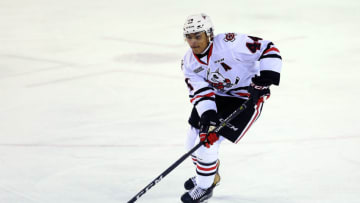 ST CATHARINES, ON - NOVEMBER 25: Akil Thomas #44 of the Niagara IceDogs skates during an OHL game against the Mississauga Steelheads at the Meridian Centre on November 25, 2017 in St Catharines, Ontario, Canada. (Photo by Vaughn Ridley/Getty Images)