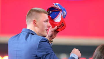 Jun 23, 2016; New York, NY, USA; Henry Ellenson (Marquette) reacts after being selected as the number eighteen overall pick to the Detroit Pistons in the first round of the 2016 NBA Draft at Barclays Center. Mandatory Credit: Brad Penner-USA TODAY Sports