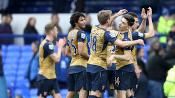 LIVERPOOL, ENGLAND - MARCH 19: Arsenal players celebrate beating Everton 2-0 at full-time during the Barclays Premier League match between Everton and Arsenal at Goodison Park on March 19, 2016 in Liverpool, England. (Photo by James Baylis - AMA/Getty Images)