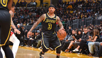 LOS ANGELES, CA - MARCH 16: Isaiah Thomas #3 of the Los Angeles Lakers handles the ball against the Miami Heat on March 16, 2018 at STAPLES Center in Los Angeles, California. NOTE TO USER: User expressly acknowledges and agrees that, by downloading and/or using this Photograph, user is consenting to the terms and conditions of the Getty Images License Agreement. Mandatory Copyright Notice: Copyright 2018 NBAE (Photo by Andrew D. Bernstein/NBAE via Getty Images)