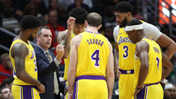 NEW ORLEANS, LOUISIANA - NOVEMBER 27: Head coach Frank Vogel of the Los Angeles Lakers talks with his team at Smoothie King Center on November 27, 2019 in New Orleans, Louisiana. NOTE TO USER: User expressly acknowledges and agrees that, by downloading and/or using this photograph, user is consenting to the terms and conditions of the Getty Images License Agreement (Photo by Chris Graythen/Getty Images)