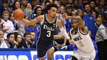 DURHAM, NORTH CAROLINA - JANUARY 11: Tre Jones #3 of the Duke Blue Devils drives against Torry Johnson #11 of the Wake Forest Demon Deacons during the first half of their game at Cameron Indoor Stadium on January 11, 2020 in Durham, North Carolina. (Photo by Grant Halverson/Getty Images)