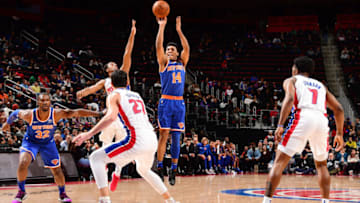 DETROIT, MI - NOVEMBER 27: Allonzo Trier #14 of the New York Knicks shoots the ball against the Detroit Pistons on November 27, 2018 at Little Caesars Arena in Detroit, Michigan. NOTE TO USER: User expressly acknowledges and agrees that, by downloading and/or using this photograph, User is consenting to the terms and conditions of the Getty Images License Agreement. Mandatory Copyright Notice: Copyright 2018 NBAE (Photo by Chris Schwegler/NBAE via Getty Images)