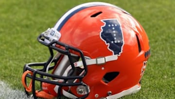 Nov 23, 2013; West Lafayette, IN, USA; Illinois Fighting Illini helmet on the field before the game against the Purdue Boilermakers at Ross Ade Stadium. Mandatory Credit: Pat Lovell-USA TODAY Sports