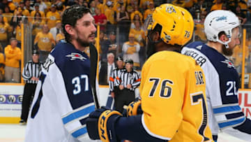 NASHVILLE, TN - MAY 10: P.K. Subban #76 of the Nashville Predators congratulates goalie Connor Hellebuyck #37 of the Winnipeg Jets after a 5-1 Jets Victory in Game Seven of the Western Conference Second Round during the 2018 NHL Stanley Cup Playoffs at Bridgestone Arena on May 10, 2018 in Nashville, Tennessee. (Photo by Frederick Breedon/Getty Images)
