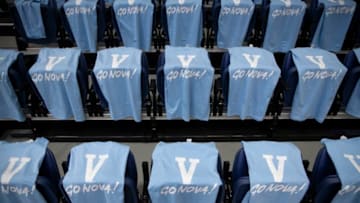 VILLANOVA, PA - DECEMBER 04: Villanova Wildcats T-shirts are draped over chairs prior to a game against the Pennsylvania Quakers at Finneran Pavilion on December 4, 2019 in Villanova, Pennsylvania. (Photo by Mitchell Leff/Getty Images)