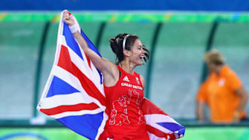 RIO DE JANEIRO, BRAZIL - AUGUST 19: Samantha Quek #13 of Great Britain celebrates after defeating Netherlands in the Women's Gold Medal Match on Day 14 of the Rio 2016 Olympic Games at the Olympic Hockey Centre on August 19, 2016 in Rio de Janeiro, Brazil. (Photo by Tom Pennington/Getty Images)