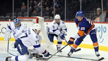 Nov 1, 2016; Brooklyn, NY, USA; Tampa Bay Lightning goalie Ben Bishop (30) and defenseman Victor Hedman (77) block a shot by New York Islanders center Brock Nelson (29) in front of Lightning center Tyler Johnson (9) during the second period at Barclays Center. Mandatory Credit: Brad Penner-USA TODAY Sports