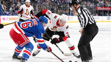 NEW YORK, NY - NOVEMBER 04: Brady Tkachuk #7 of the Ottawa Senators takes a face-off against Ryan Strome #16 of the New York Rangers at Madison Square Garden on November 4, 2019 in New York City. (Photo by Jared Silber/NHLI via Getty Images)