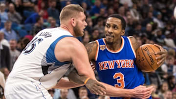 Nov 30, 2016; Minneapolis, MN, USA; New York Knicks guard Brandon Jennings (3) dribbles against Minnesota Timberwolves center Cole Aldrich (45) during the second quarter at Target Center. Mandatory Credit: Brace Hemmelgarn-USA TODAY Sports