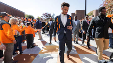 KNOXVILLE, TN - NOVEMBER 3: Linebacker Jordan Allen #8 of the Tennessee Volunteers on his phone in the Vol Walk before the game between the Charlotte 49ers and the Tennessee Volunteers at Neyland Stadium on November 3, 2018 in Knoxville, Tennessee. (Photo by Donald Page/Getty Images)