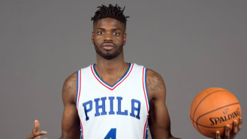 Sep 26, 2016; Philadelphia, PA, USA; Philadelphia 76ers forward Nerlens Noel (4) during media day at the Philadelphia 76ers Training Complex. Mandatory Credit: Bill Streicher-USA TODAY Sports