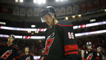 RALEIGH, NORTH CAROLINA - MAY 30: Teuvo Teravainen #86 of the Carolina Hurricanes exits the ice following their 6-2 defeat in Game Seven of the Second Round of the 2022 Stanley Cup Playoffs against the New York Rangers at PNC Arena on May 30, 2022 in Raleigh, North Carolina. (Photo by Jared C. Tilton/Getty Images)