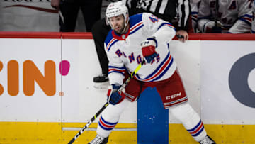 Mar 28, 2021; Washington, District of Columbia, USA; New York Rangers center Colin Blackwell (43) handles the puck against the Washington Capitals during the second period at Capital One Arena. Mandatory Credit: Scott Taetsch-USA TODAY Sports