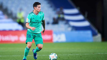 SAN SEBASTIAN, SPAIN - JUNE 21: James Rodriguez of Real Madrid CF in action during the Liga match between Real Sociedad and Real Madrid CF at Estadio Anoeta on June 21, 2020 in San Sebastian, Spain. (Photo by Juan Manuel Serrano Arce/Getty Images)
