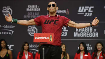 LAS VEGAS, NEVADA - OCTOBER 05: Tony Ferguson poses during a ceremonial weigh-in for UFC 229 at T-Mobile Arena on October 05, 2018 in Las Vegas, Nevada. Ferguson will fight Anthony Pettis in a lightweight bout at UFC 229 on October 6 at T-Mobile Arena in Las Vegas. (Photo by Ethan Miller/Getty Images)