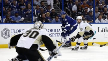 May 24, 2016; Tampa, FL, USA; Tampa Bay Lightning center Brian Boyle (11) scores a goal on Pittsburgh Penguins goalie Matt Murray (30) during the third period of game six of the Eastern Conference Final of the 2016 Stanley Cup Playoffs at Amalie Arena. Mandatory Credit: Kim Klement-USA TODAY Sports